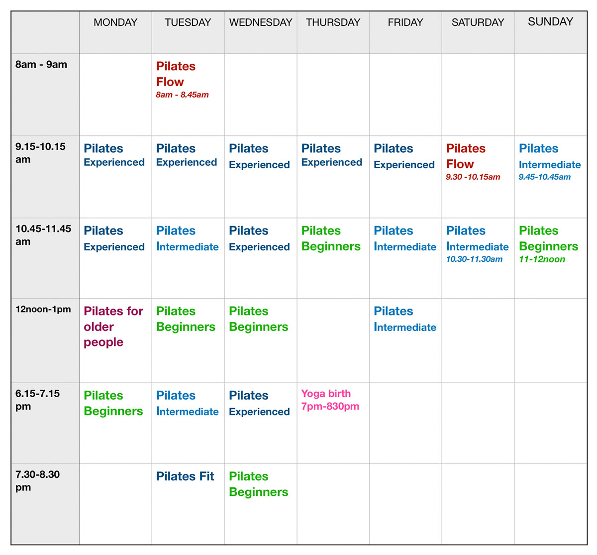 The Garage Studio Timetable